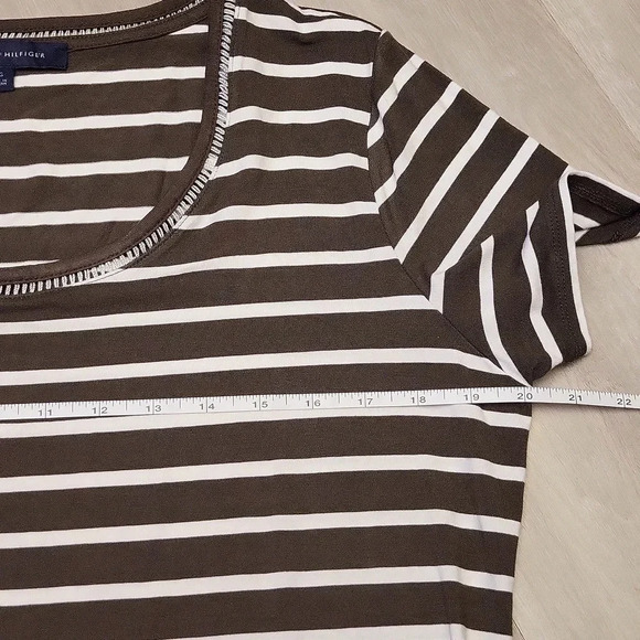 🛍Tommy Hilfiger Olive and White Striped Short Sleeve‎ Womens Blouse Size Large - Picture 6 of 6